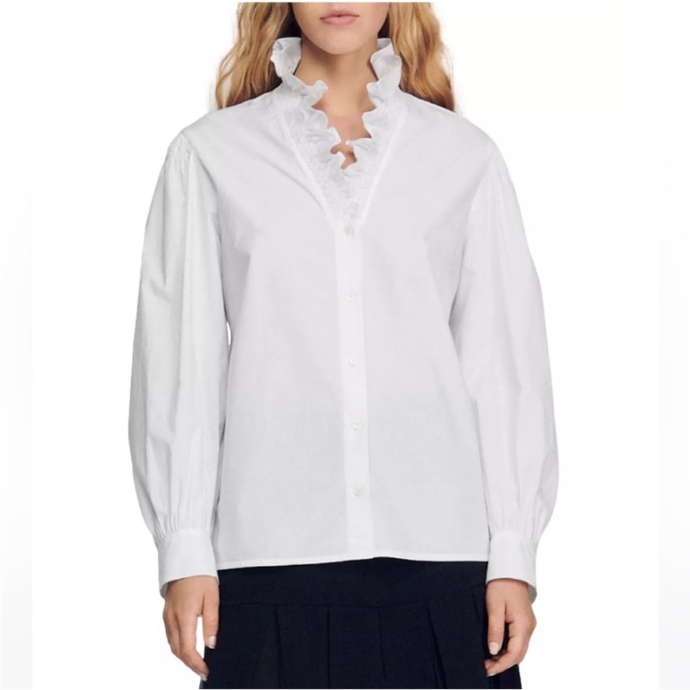 Sandro Lisandra Organic Cotton Ruffled Blouse Size 36/Small
